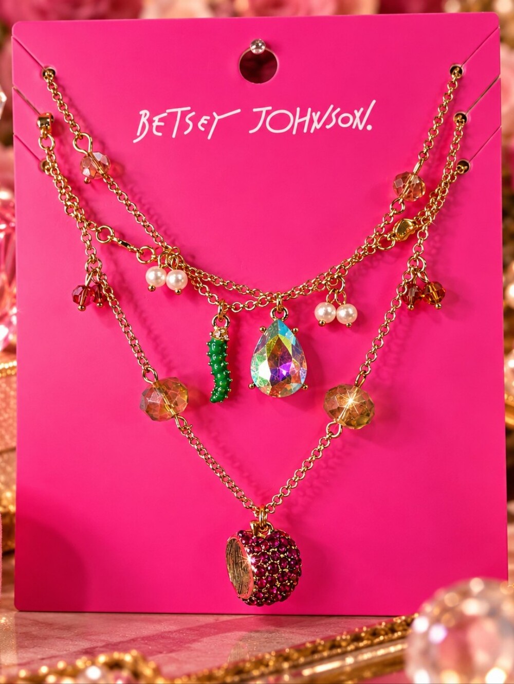 Betsey Johnson Gold Tone Layered Rhinestone Fruit Charm Necklace NWT